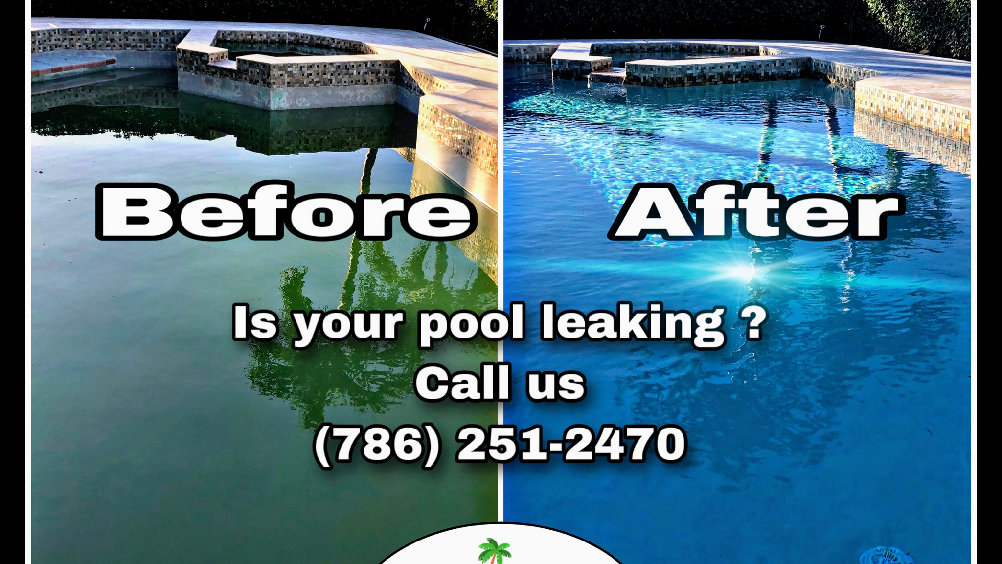 Blue Magic Pools before and after image: the same pool with green water, then clear blue water
